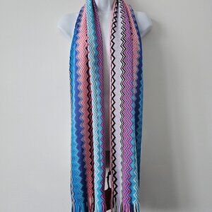 NWT MISSONI Multicolor Blue Wool Blend Zigzag Fringe Scarf 17"x78" Made In Italy